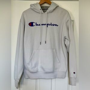 Champion Logo Hoodie Men’s M White/Gray Pullover Sweatshirt – 22.5” Chest